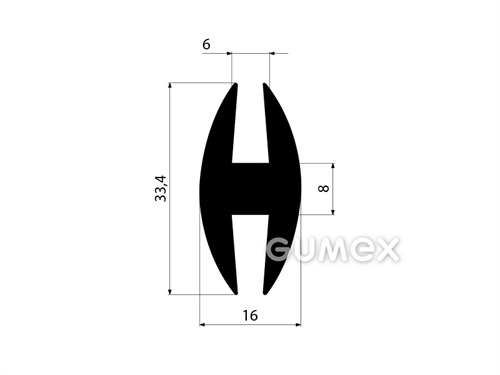 Pryžový profil tvaru "H", 33,4x16/6/6mm, 70°ShA, EPDM, -40°C/+100°C, černý